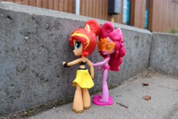 Size: 6000x4000 | Tagged: safe, artist:artofmagicpoland, pinkie pie, sunset shimmer, better together, equestria girls, breaking the fourth wall, clothes, doll, equestria girls minis, swimsuit, toy