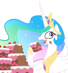 Size: 4020x4315 | Tagged: safe, artist:santafer, princess celestia, alicorn, pony, ponyville confidential, absurd resolution, cake, cakelestia, caught, female, mare, simple background, solo, transparent background, vector