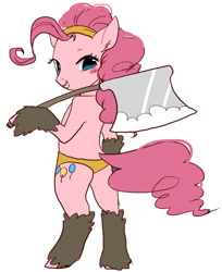 Size: 557x684 | Tagged: safe, artist:pasikon, pinkie pie, pony, axe, bipedal, pixiv, solo