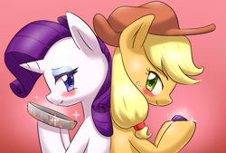 Size: 1023x692 | Tagged: safe, artist:yajima, applejack, rarity, earth pony, pony, unicorn, trade ya, back to back, blushing, cute, female, gem, looking at you, mare, pan, rarijack, shipping, smiling, sparkles