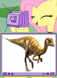 Size: 404x553 | Tagged: safe, fluttershy, dinosaur, pegasus, pony, cute, exploitable meme, leaellynasaura, meme, obligatory pony, tv meme, walking with dinosaurs