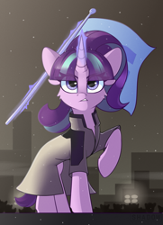 Size: 1535x2126 | Tagged: safe, artist:php97, starlight glimmer, pony, android, cheek fluff, city, cityscape, clothes, cosplay, costume, crossover, detroit, detroit: become human, flag, flagpole, glowing horn, horn, levitation, magic, markus, ponified, raised hoof, s5 starlight, snow, snowfall, solo, telekinesis, trenchcoat