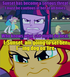 Size: 640x702 | Tagged: safe, edit, edited screencap, screencap, applejack, fluttershy, rarity, sunset shimmer, twilight sparkle, equestria girls, equestria girls (movie), fall formal outfits, image macro, jojo's bizarre adventure abridged, meme, purple text, text, vulgar