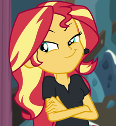 Size: 953x1036 | Tagged: safe, screencap, sunset shimmer, all the world's off stage, all the world's off stage: twilight sparkle, better together, equestria girls, cropped, faic, smug, smugset shimmer