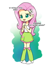 Size: 629x760 | Tagged: safe, artist:twilite-sparkleplz, fluttershy, equestria girls, blushing, clothes, female, humanized, implied shipping, implied sunset shimmer, lesbian, shipping, skirt, solo, sunshyne, tanktop