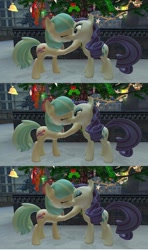 Size: 1360x2304 | Tagged: safe, artist:mk513, coco pommel, rarity, pony, unicorn, 3d, christmas, female, gmod, hearth's warming eve, holly, holly mistaken for mistletoe, kissing, lesbian, marshmallow coco, shipping, snow