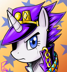 Size: 600x645 | Tagged: safe, artist:pulu, rarity, pony, unicorn, chains, clothes, jacket, jojo's bizarre adventure, jotaro kujo, looking at you, solo, stardust crusaders, the mane is the hat