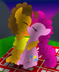 Size: 909x1118 | Tagged: safe, artist:crazynutbob, cheese sandwich, pinkie pie, earth pony, pony, cheesepie, female, kissing, male, shipping, straight, sunset