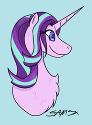 Size: 700x950 | Tagged: safe, artist:samsx22, starlight glimmer, pony, unicorn, blue background, bust, chest fluff, eye clipping through hair, female, fluffy, mare, simple background, smiling, solo