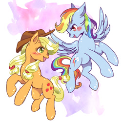 Size: 800x800 | Tagged: safe, artist:tsukuda, derpibooru import, applejack, rainbow dash, earth pony, pegasus, pony, abstract background, appledash, applejack's hat, blushing, clothes, cowboy hat, duo, female, flying, freckles, hat, lesbian, looking at each other, mare, open mouth, shipping