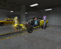 Size: 1280x1024 | Tagged: safe, artist:darkvenom666, applejack, rainbow dash, starlight glimmer, better together, equestria girls, 3d, beanie, car, clothes, dodge charger, gmod, hat, hatless, missing accessory, ripped pants, taxi, torn clothes