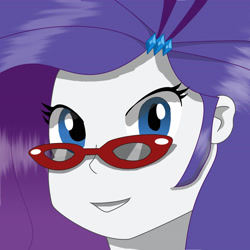 Size: 2200x2200 | Tagged: artist needed, source needed, safe, rarity, equestria girls, blue eyes, bust, female, glasses, looking at you, purple hair, smiling, solo, white skin