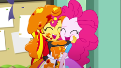 Size: 1920x1080 | Tagged: safe, screencap, pinkie pie, sunset shimmer, eqg summertime shorts, equestria girls, the art of friendship, apron, cheek squish, clothes, cute, duo, hug, laughing, paint, squishy cheeks