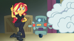 Size: 1920x1080 | Tagged: safe, screencap, sunset shimmer, robot, all the world's off stage, all the world's off stage: twilight sparkle, better together, equestria girls, box, clothes, shoes