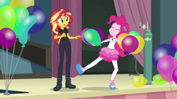 Size: 1920x1080 | Tagged: safe, screencap, pinkie pie, sunset shimmer, all the world's off stage, all the world's off stage: pinkie pie, better together, equestria girls, balloon, geode of sugar bombs, helium tank, stage