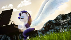 Size: 3840x2160 | Tagged: safe, artist:flutterdaz, rarity, alicorn, angel, pony, 3d, alicornified, angel rarity, eyes closed, mountain, musical instrument, piano, race swap, raricorn, sai tool, solo