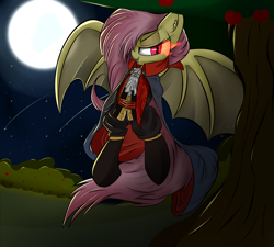 Size: 1280x1152 | Tagged: safe, artist:madacon, fluttershy, castlevania, clothes, dracula, flutterbat, hair over one eye, moon, night, solo