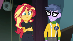 Size: 1920x1080 | Tagged: safe, screencap, microchips, sunset shimmer, all the world's off stage, all the world's off stage: micro chips, better together, equestria girls