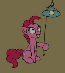 Size: 809x913 | Tagged: safe, artist:odooee, pinkie pie, earth pony, pony, animated, dilated pupils, eye dilation, female, lamp, light, mare, off, on, pinkie being pinkie, shrunken pupils, sitting, smiling, solo