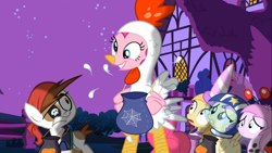 Size: 1366x768 | Tagged: safe, screencap, alula, noi, pinkie pie, pipsqueak, piña colada, earth pony, pony, luna eclipsed, animal costume, applecore, chicken pie, chicken suit, clothes, colt, costume, male, nightmare night costume