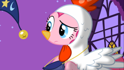 Size: 1366x768 | Tagged: safe, screencap, pinkie pie, earth pony, pony, luna eclipsed, animal costume, chicken pie, chicken suit, clothes, costume, hat, solo