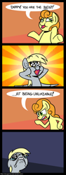 Size: 600x1601 | Tagged: safe, artist:zicygomar, edit, editor:minus, carrot top, derpy hooves, golden harvest, earth pony, pegasus, pony, abuse, bait and switch, blatant lies, comic, cruel, crying, derpybuse, dialogue, dilated pupils, female, mare, mean, open mouth, pure unfiltered evil, sad, shrug, speech bubble, sunburst background, you monster