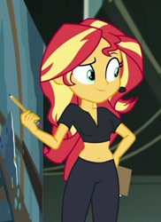 Size: 720x989 | Tagged: safe, edit, edited screencap, screencap, sunset shimmer, all the world's off stage, all the world's off stage: micro chips, better together, equestria girls, belly button, clothes, female, midriff, pants, pencil, solo, stage