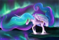 Size: 1400x967 | Tagged: safe, artist:nightshroud, princess celestia, alicorn, pony, aurora borealis, mirror, night, solo, stars, water