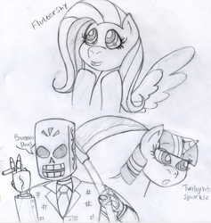 Size: 1024x1078 | Tagged: safe, artist:dfa-studios, derpibooru import, fluttershy, twilight sparkle, pegasus, pony, crossover, grim fandango, manny calavera, monochrome, sketch