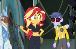 Size: 945x605 | Tagged: safe, edit, edited screencap, screencap, microchips, sunset shimmer, all the world's off stage, all the world's off stage: micro chips, better together, equestria girls, belly button, clothes, glasses, pants, pencil, stage