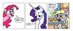 Size: 1005x426 | Tagged: safe, artist:gingerfoxy, derpy hooves, pinkie pie, rarity, earth pony, pegasus, pony, unicorn, pony comic generator, comic, food, muffin, out of context