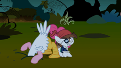 Size: 1366x768 | Tagged: safe, screencap, pinkie pie, pipsqueak, earth pony, pony, luna eclipsed, animal costume, chicken pie, chicken suit, clothes, colt, costume, male