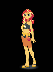 Size: 497x668 | Tagged: safe, artist:silverhd2, sunset shimmer, better together, equestria girls, 3d, belly button, black background, cel shading, clothes, craft, feet, female, flip-flops, looking at you, midriff, sandals, sculpture, simple background, solo, swimsuit