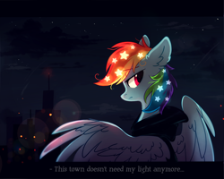 Size: 2236x1788 | Tagged: safe, artist:mirtash, derpibooru import, rainbow dash, pegasus, pony, bust, ethereal mane, female, looking back, manehattan, mare, night, profile, rcf community, sad, solo, spread wings, starry mane, wings