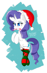 Size: 1658x2555 | Tagged: safe, artist:fezcake, rarity, pony, unicorn, candy, candy cane, christmas, clothes, food, hat, mouth hold, santa hat, socks, solo, striped socks