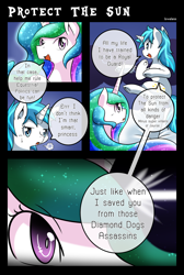 Size: 1500x2234 | Tagged: safe, artist:vavacung, princess celestia, oc, oc:paper mache, alicorn, pony, comic:to love alicorn, comic, dialogue, prone, speech bubble