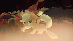 Size: 2560x1440 | Tagged: safe, artist:huskyfan, artist:jeatz-axl, applejack, earth pony, pony, element of honesty, everfree forest, hat, solo, vector, wallpaper