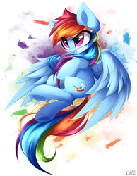 Size: 3650x4700 | Tagged: safe, artist:kaleido-art, derpibooru import, rainbow dash, pegasus, pony, backwards cutie mark, female, flying, mare, smiling, solo