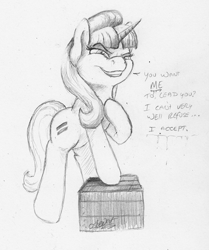 Size: 601x720 | Tagged: safe, artist:jessi_lionheart, starlight glimmer, pony, unicorn, dialogue, equal cutie mark, evil grin, grin, monochrome, smiling, solo, stalin glimmer, traditional art