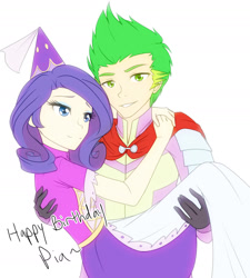 Size: 1280x1422 | Tagged: safe, artist:jonfawkes, rarity, spike, human, beefspike, birthday, bridal carry, clothes, dress, female, happy birthday, humanized, male, shipping, sparity, straight