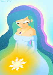 Size: 800x1132 | Tagged: safe, artist:chiaracm, princess celestia, human, breasts, eyes closed, female, humanized, princess breastia, solo