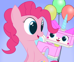 Size: 10000x8333 | Tagged: safe, artist:joey, pinkie pie, earth pony, pony, absurd resolution, balloon, crossover, lego, the lego movie, unikitty