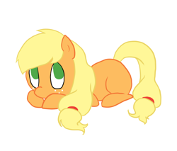 Size: 750x640 | Tagged: safe, applejack, earth pony, pony, ask, filly, prone, rosereplies, simple background, solo, tumblr, younger