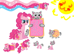 Size: 1119x850 | Tagged: safe, artist:tess, pinkie pie, cat, hybrid, pony, cake, crossover, cute, eating, female, food, interspecies, interspecies offspring, mare, not salmon, nyan cat, offspring, pie, poptart, sitting, wat, what has science done