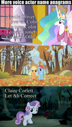 Size: 852x1495 | Tagged: safe, screencap, applejack, princess celestia, rainbow dash, scootaloo, sweetie belle, alicorn, earth pony, pegasus, pony, appleoosa's most wanted, fall weather friends, make new friends but keep discord, anagram, ashleigh ball, claire corlett, meme, nicole oliver, voice actor