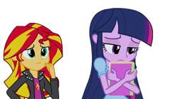 Size: 1280x714 | Tagged: safe, artist:php77, editor:php77, sunset shimmer, twilight sparkle, equestria girls, rainbow rocks, book, hug, sad, simple background, transparent background