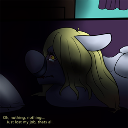 Size: 600x600 | Tagged: safe, artist:ferrettea, derpy hooves, bed, crying, dark, explicit source, out of work derpy, sad
