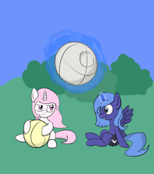 Size: 2560x2880 | Tagged: safe, artist:tetrahydra, princess celestia, princess luna, alicorn, pony, ball, cewestia, death star, filly, pink-mane celestia, woona