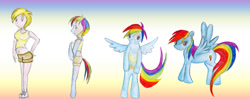 Size: 1280x509 | Tagged: safe, artist:luxianne, derpibooru import, rainbow dash, pegasus, pony, belly button, clothes, human to pony, midriff, tanktop, transformation, transformation sequence