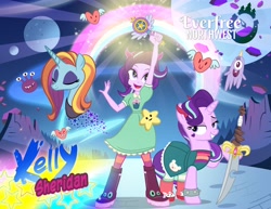 Size: 3300x2554 | Tagged: safe, artist:pixelkitties, sassy saddles, starlight glimmer, pony, unicorn, equestria girls, the cutie map, clothes, crossover, dress, everfree northwest, kelly sheridan, pun, staff, staff of sameness, star vs the forces of evil, wand